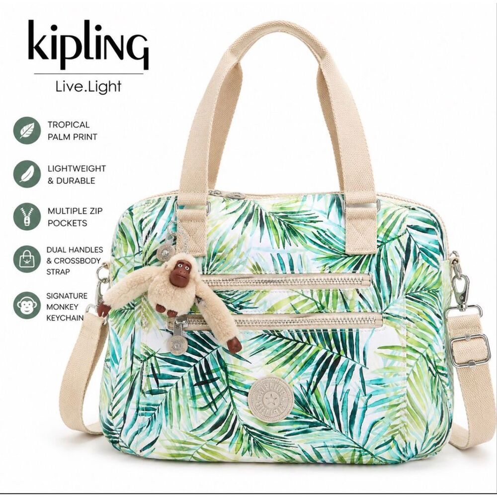 Kipling Tropical Palm Print Nylon Satchel Crossbody Tote Bag